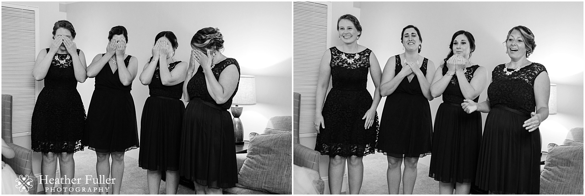 first_look_bridesmaids_black_and_white_wedding_photos