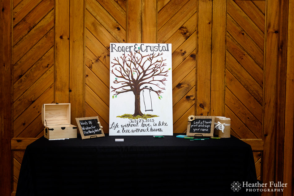 burlap and lace guest sign board tree leaves Zukas Hilltop Barn Spencer MA wedding photographer