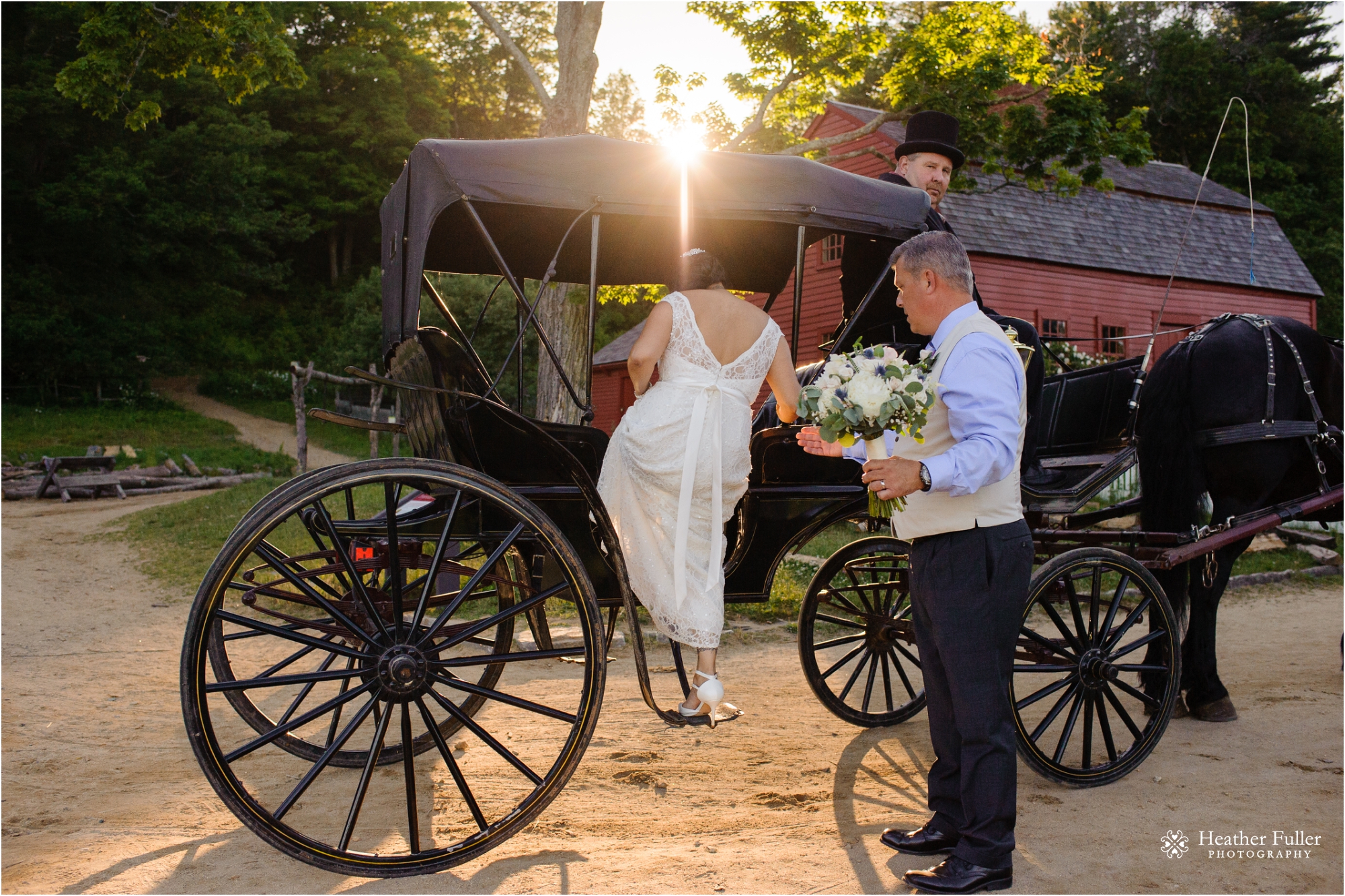 bride and groom getting into horse drawn carriage