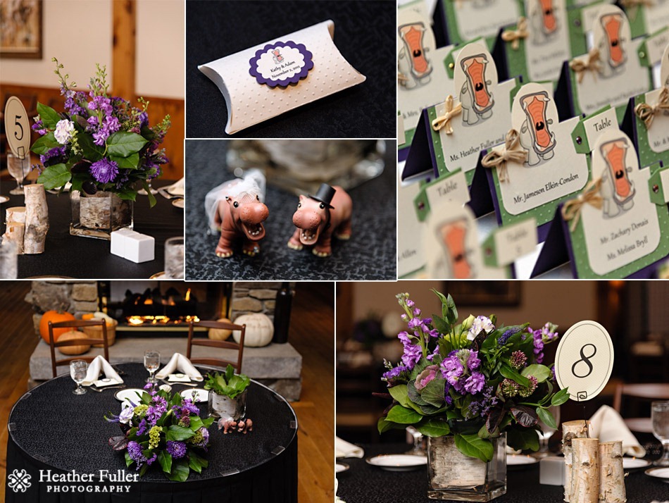 purple_green_hippo_theme_wedding_centerpieces_placecards_birch_logs_table_numbers_spencer_ma_fall_wedding